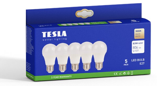 Tesla - LED žárovka BULB E27, 8W, 230V, 806lm, 25 000h, 3000K teplá bílá, 220st - 5ks v balení