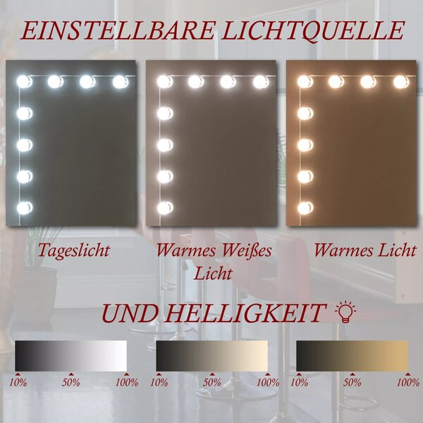 In And OutdoorMatch make-up zrcadlo Johnnie - S LED osvětlením - 36x30cm - Bez ráfku - Stmívač světla - Úspora energie - Hollywoodské zrcadlo - Optimální osvětlení
