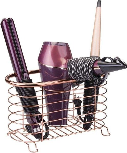 Unyqoos® Držák na fén – organizér z růžové zlaté barvy (14 x 29,2 x 16,5 cm), žáruvzdorný drátěný košík, odolný proti korozi a bez nutnosti vrtání, ideální pro kadeřnické prostory, umyvadla a police