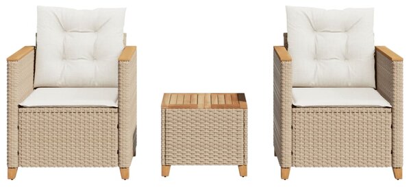 3dílný bistro set s poduškami béžový polyratan akáciové dřevo