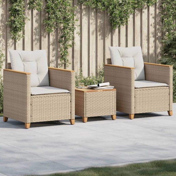 3dílný bistro set s poduškami béžový polyratan akáciové dřevo