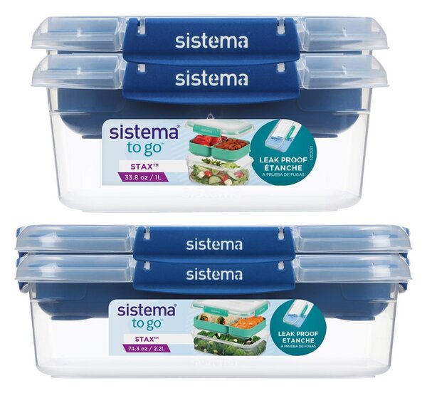 Sistema Sada 4 ks Dělený vodotěsný box na jídlo To Go STAX 2x 2,2 l, 2x 1 l, modrá