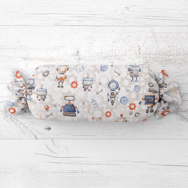 Biante Dětský polštář válec bonbon Sandra SA-584 Svět robotů na šedo-bílém 15x40 cm