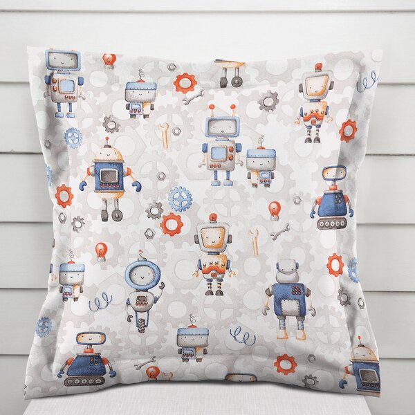 Biante Dětský bavlněný povlak na polštář s lemem Sandra SA-584 Svět robotů na šedo-bílém 30 x 50 cm