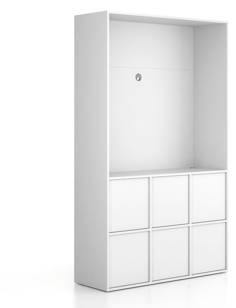 Kancelářská skříň FRAME, 6x dveře, prostor pro TV, 1299 x 450 x 2162 mm, PUSH-lock, bílá