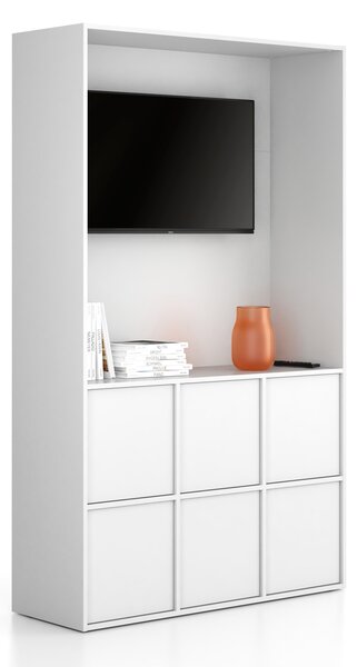 Kancelářská skříň FRAME, 6x dveře, prostor pro TV, 1299 x 450 x 2162 mm, PUSH-lock, bílá