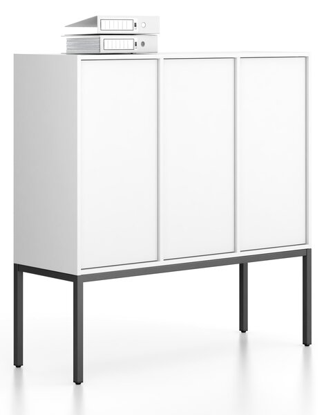 Kancelářská skříň FRAME, nízká, černá podnož, 3x dveře, 1299 x 450 x 1331 mm, PUSH-lock, bílá