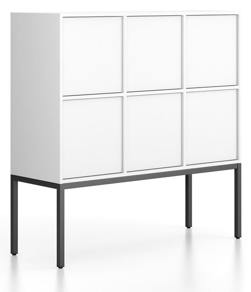 Kancelářská skříň FRAME, nízká, černá podnož, 6x dveře, 1299 x 450 x 1331 mm, PUSH-lock, bílá