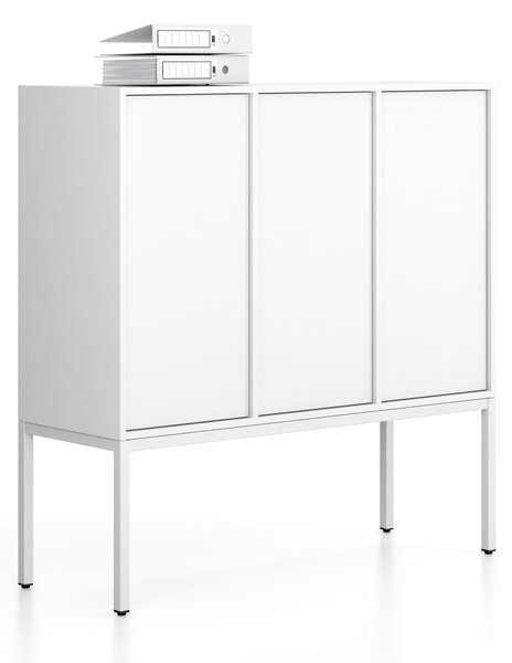 Kancelářská skříň FRAME, nízká, bílá podnož, 3x dveře, 1299 x 450 x 1331 mm, PUSH-lock, bílá