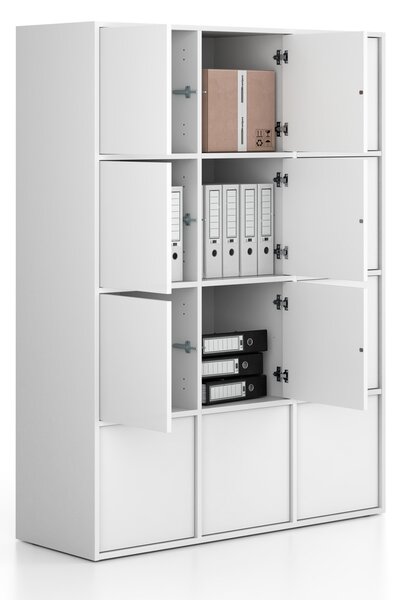 Kancelářská skříň FRAME, 12x dveře, 1299 x 450 x 1735 mm, PUSH-lock, bílá