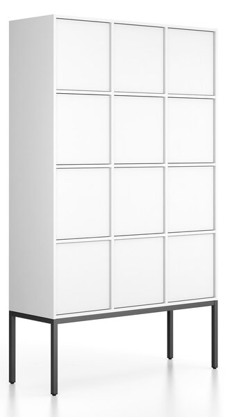 Kancelářská skříň FRAME, černá podnož, 12x dveře, 1299 x 450 x 2185 mm, PUSH-lock, bílá