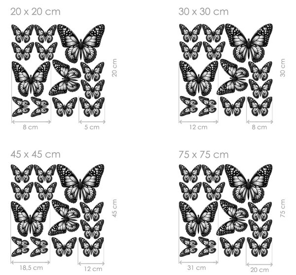 Motýli černí 13 ks textilní přelepitelné samolepky na zeď arch 30 x 30 cm