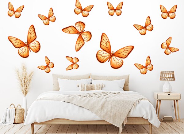 Motýli světle oranžoví 13ks textilní přelepitelná samolepka na zeď arch 100 x 100 cm