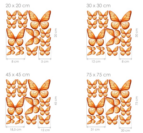 Motýli světle oranžoví 13ks textilní přelepitelná samolepka na zeď arch 100 x 100 cm