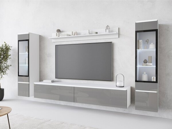 Nábytek do obývacího pokoje Sawoti II, Barva: bílá / šedý lesk, Osvětlení: osvětlení LED - bílé 5903211457272