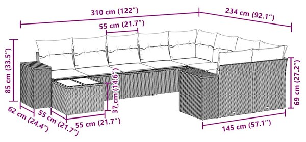 10dílná zahradní sedací souprava s poduškami černá polyratan