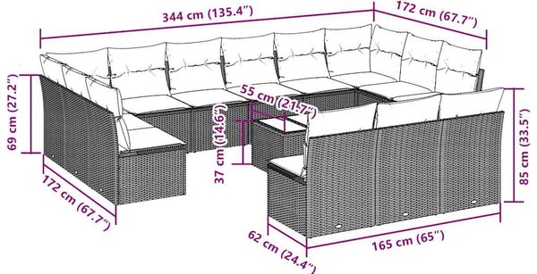 14dílná zahradní sedací souprava podušky světle šedá polyratan