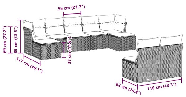 9dílná zahradní sedací souprava s poduškami černá polyratan