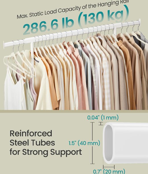 SONGMICS Pojízdný věšák na oděvy s výsuvnou lištou nosnost 130 kg 110-150 x 162,9 cm x 45 cm bílá