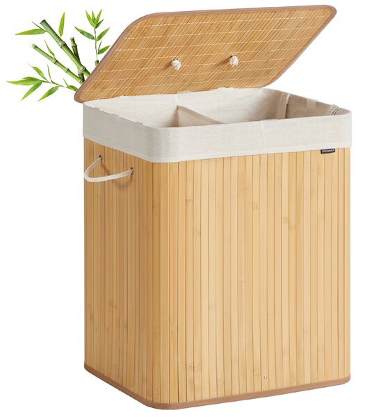 SONGMICS Prádelní koš s víkem bambusový 2 přihrádky 120 litrů přírodní