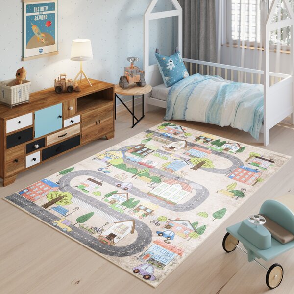 Makro Abra Dětský kusový koberec vhodný k praní BAMBINO 34600 Uličky Město protiskluzový krémový béžový Rozměr: 80x150 cm
