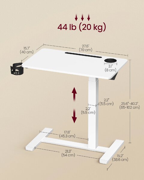 VASAGLE Odkládací pojízdný stolek s nastavitelnou výškou 70 x 65-102 x 40 cm bílá