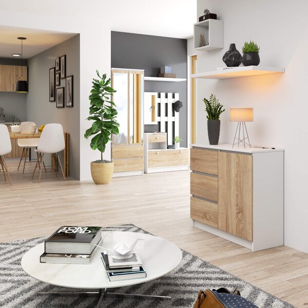 Ak furniture Komoda JERRY K 80 cm 1 dveře 3 zásuvky bílá/dub sonoma