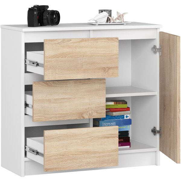 Ak furniture Komoda JERRY K 80 cm 1 dveře 3 zásuvky bílá/dub sonoma