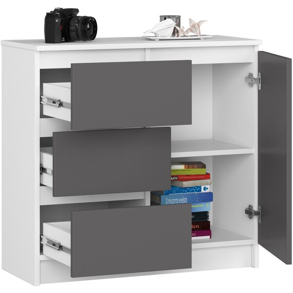 Ak furniture Komoda JERRY K 80 cm 1 dveře 3 zásuvky bílá/šedá
