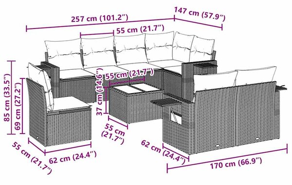 9dílná zahradní sedací souprava s poduškami černá polyratan