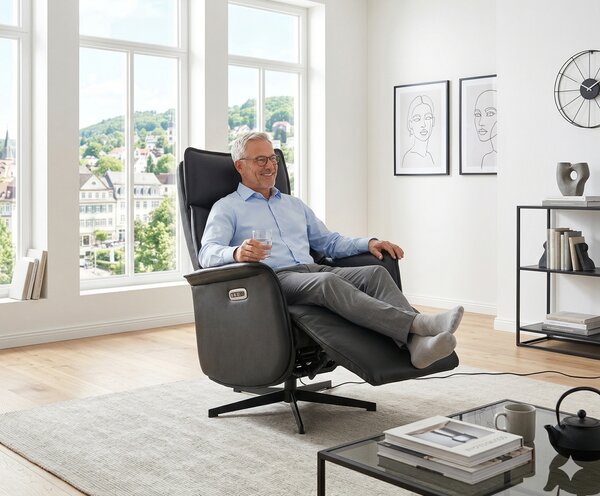 LYKKE kožené relaxační otočné křeslo s elektrickým ovládáním a USB-C portem, potah kůže barva černá