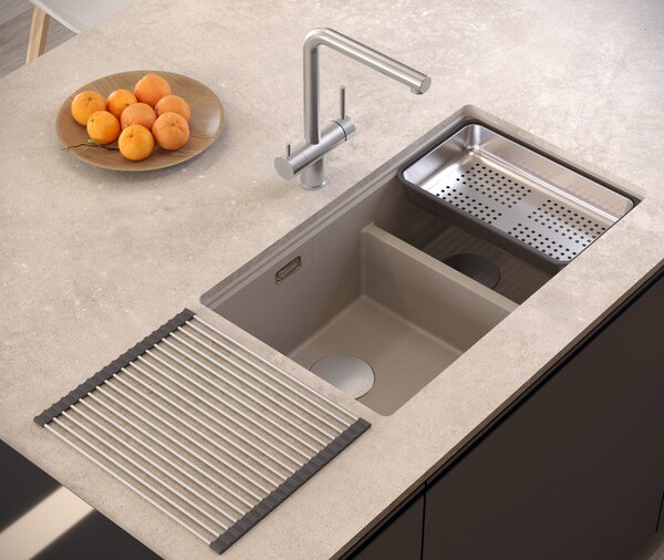QUADRON Béžový kuchyňský granitový dřez Logan 120, dvoukomorový k instalaci pod kuchyňskou desku