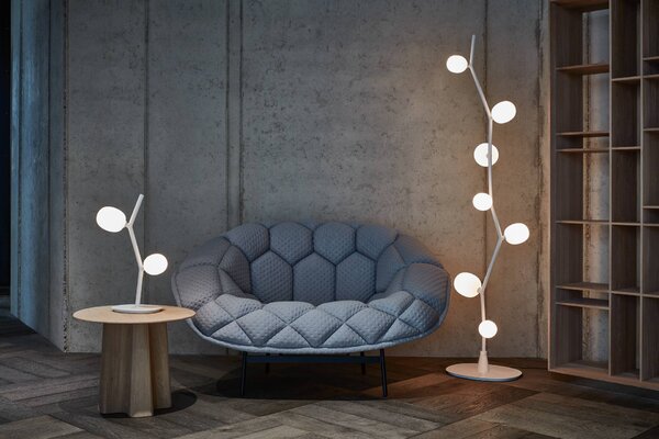 Brokis Designová stolní lampa Ivy table PC1131, 2xG4 Povrch Montury: kov - bílý matovaný komaxit se strukturou, Barva skla: Šedá kouřová - transparentní sklo