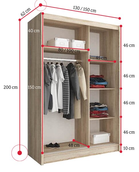 Šatní skříň NANA, 130/200/62, Zrcadlo 1 ks, dub sonoma