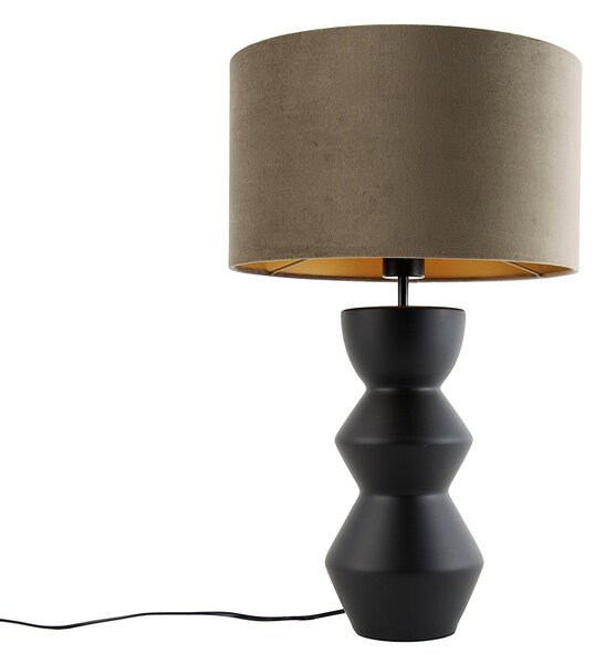 Designová stolní lampa s černým sametovým stínítkem taupe se zlatem 35 cm - Alisia