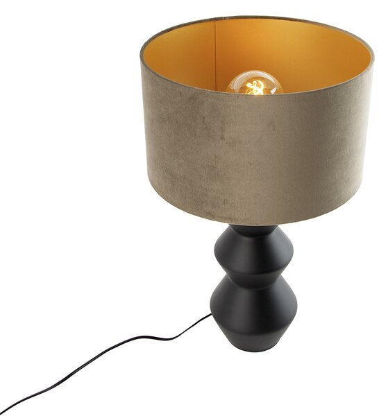 Designová stolní lampa s černým sametovým stínítkem taupe se zlatem 35 cm - Alisia