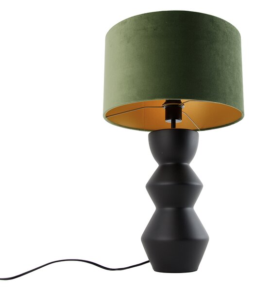 Designová stolní lampa černá s sametovým stínítkem zelená se zlatem 35 cm - Alisia