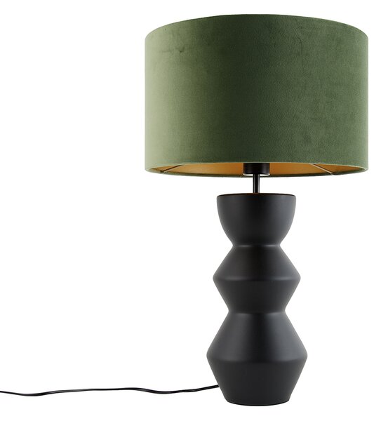 Designová stolní lampa černá s sametovým stínítkem zelená se zlatem 35 cm - Alisia