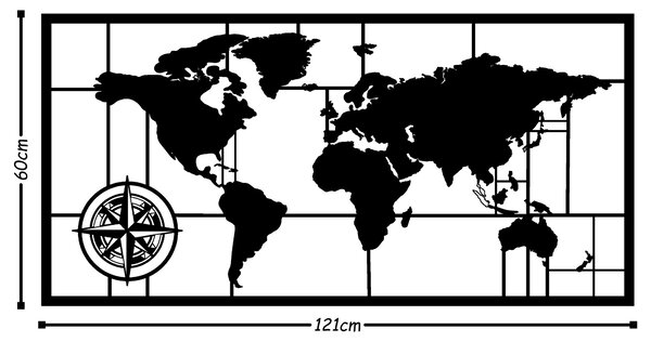 ASIR Nástěnná dekorace SVĚT S KOMPASEM kov, černý 121 cm