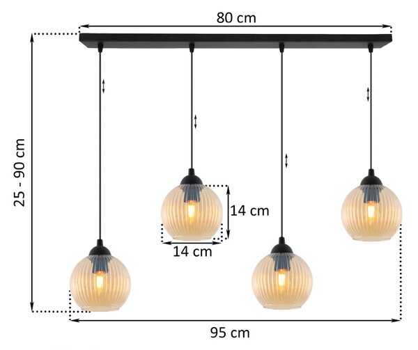 Závěsné svítidlo Riffle Round, 4x medové skleněné stínítko