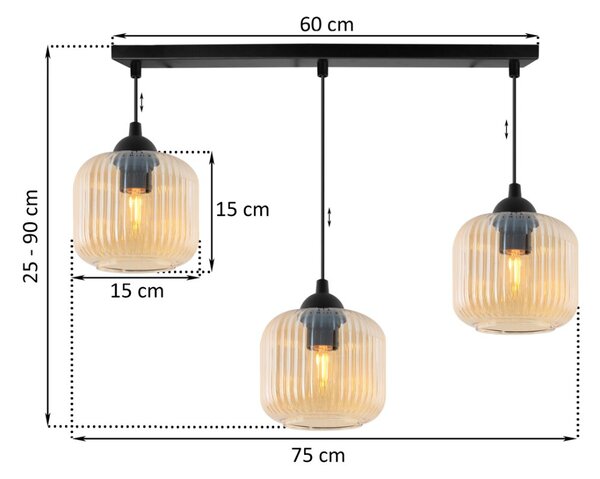 Závěsné svítidlo Riffle, 3x medové skleněné stínítko