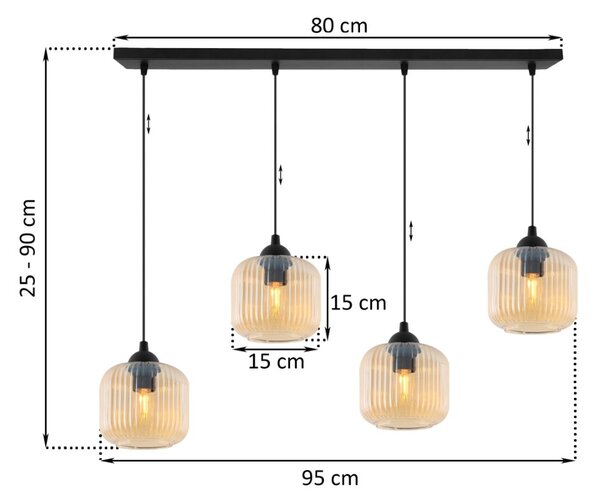 Závěsné svítidlo Riffle, 4x medové skleněné stínítko