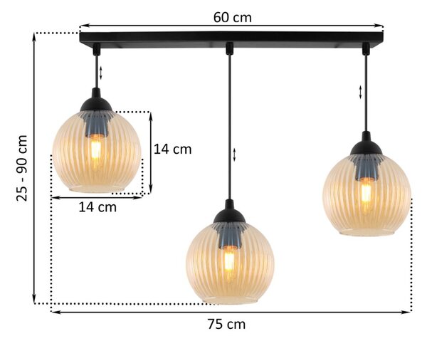 Závěsné svítidlo Riffle Round, 3x medové skleněné stínítko