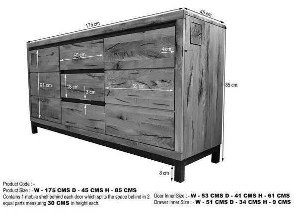 TIROL Komoda se šuplíky 175x85 cm, přírodní, dub