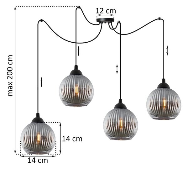 Závěsné svítidlo Riffle Round Spider, 4x grafitové skleněné stínítko