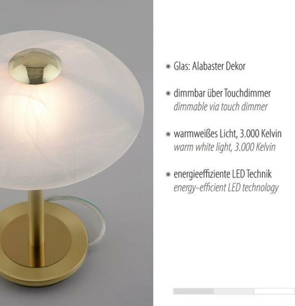 PAUL NEUHAUS LED stolní lampa matná mosaz alabastrový dekor sklo 3 krokové stmívání dotykovým stmívačem 3000K PN 4026-60