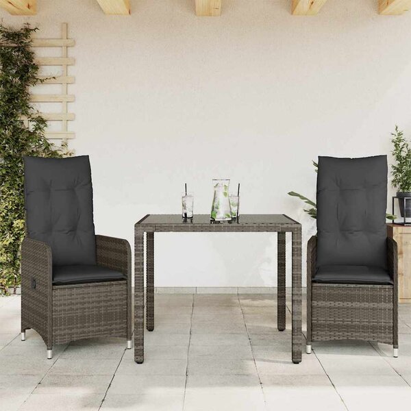 3dílný zahradní bistro set s poduškami šedý polyratan