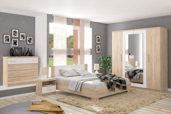 VerDesign REBEKA, šatní skříň se zrcadlem, dub sonoma/bílá