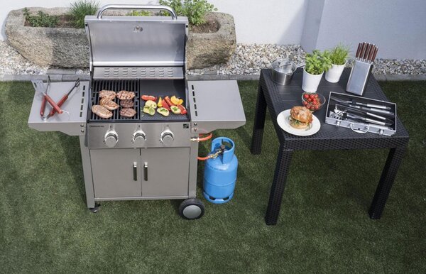 Plynový gril OKLAHOMA BBQ, 3 hořáky, s redukčním ventilem, stříbrná Penta CZ