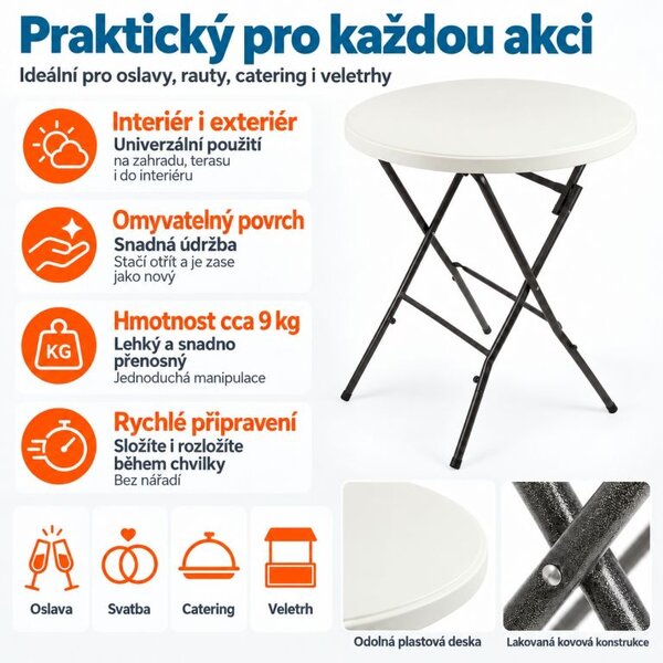 Skládací bistro stůl Ø 80 cm, výška 110 cm, bílý
